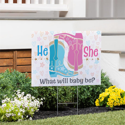 Evergreen Yard Sign, Pink Blue Boots Gender Reveal