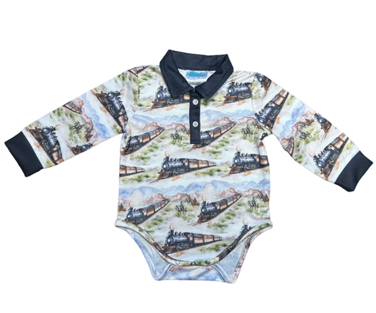 Shea Baby Cowboy Train LS Polo Onesie