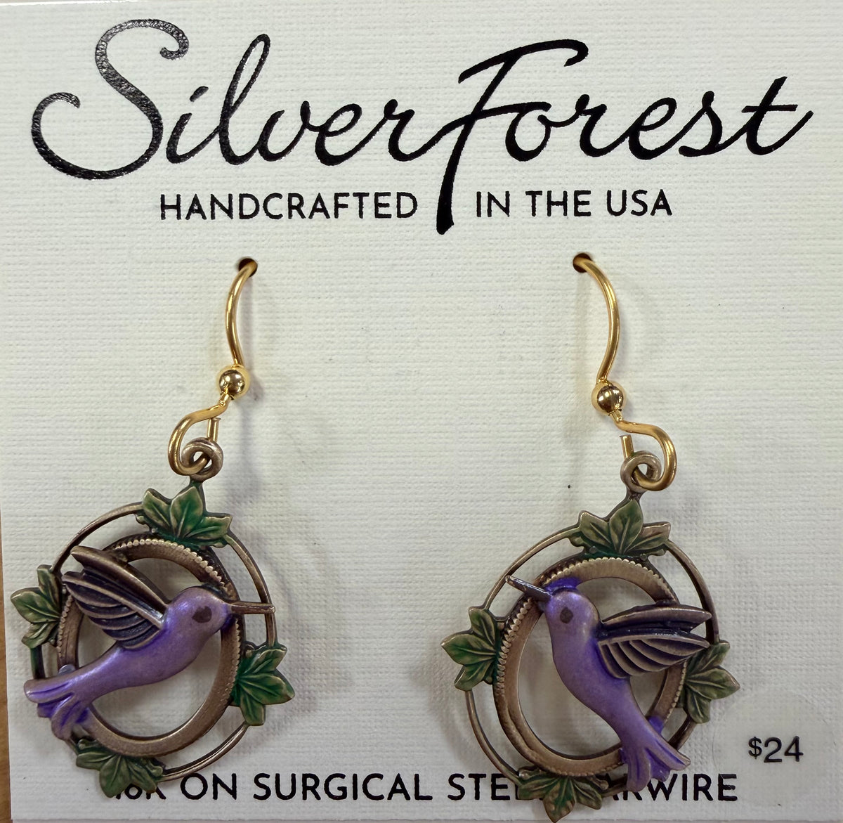 Silver Forest Hummingbird in Vinatge Frame Earring