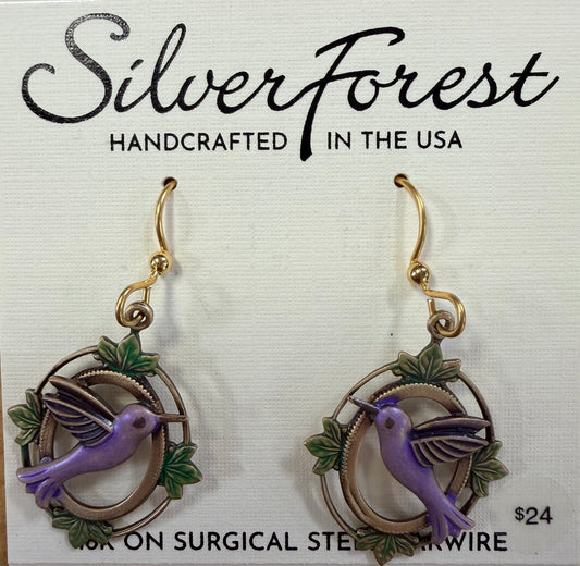 Silver Forest Hummingbird in Vinatge Frame Earring