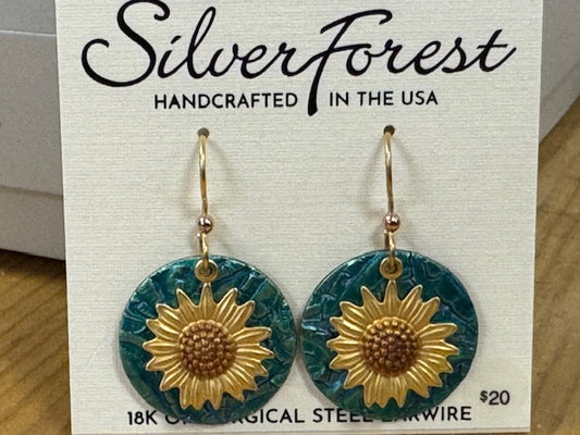 Silver Forest Sunflower on Teal Round Earring