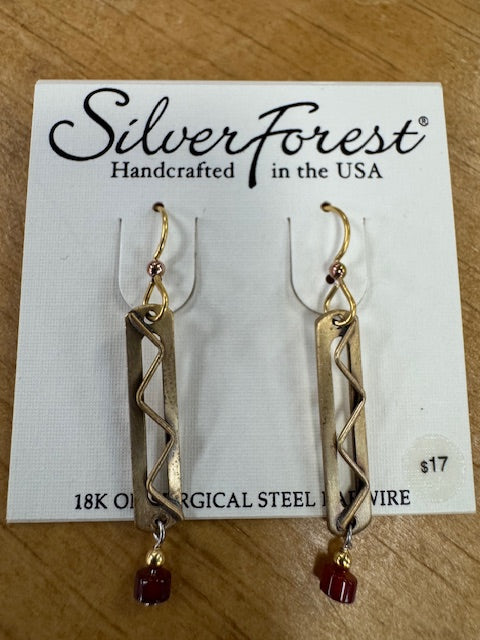 Silver Forest Earring Gold Drop Red Stone