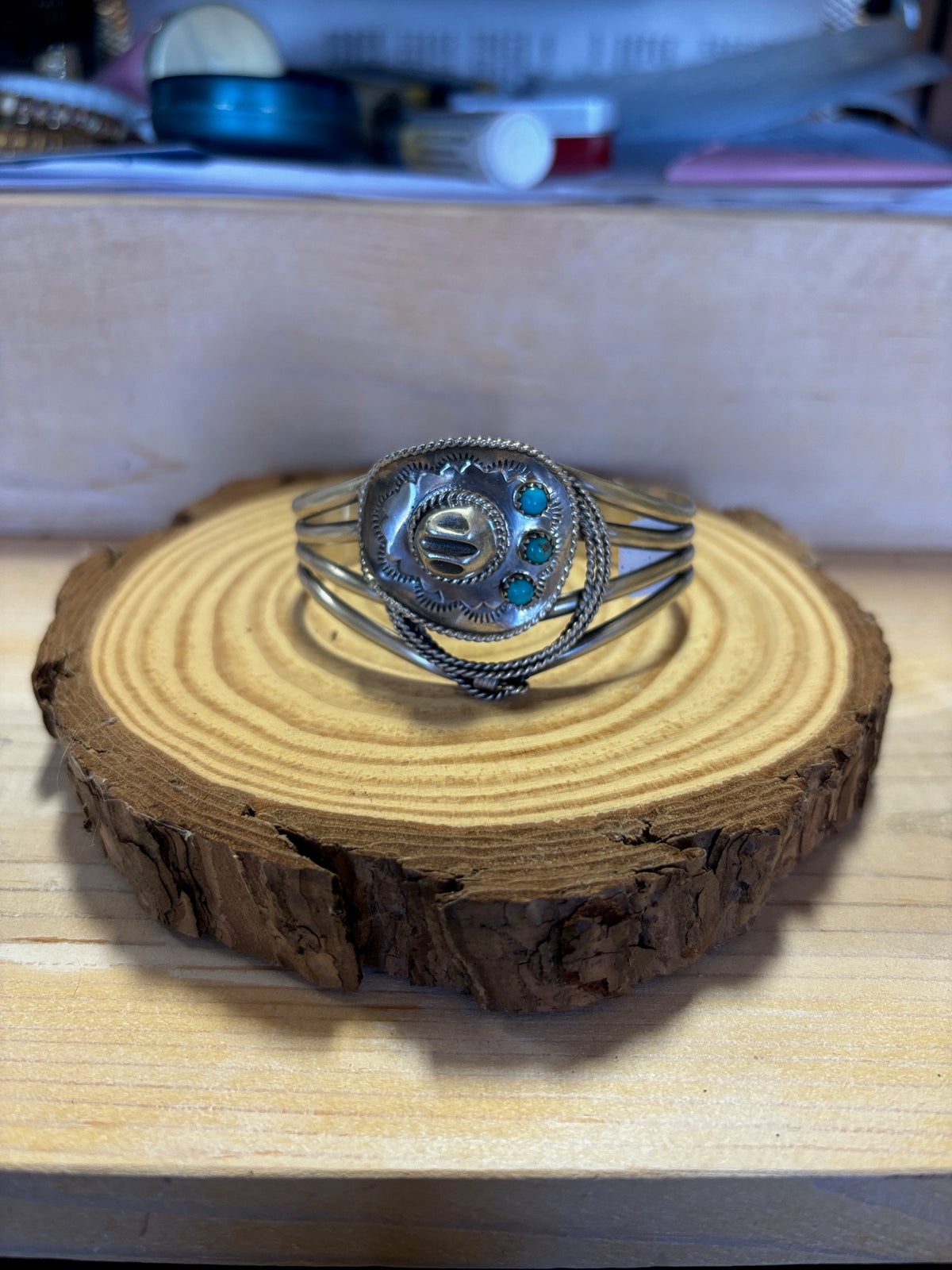 ITOG Bobby Platero Navajo SS Kingman Turquoise Hat Bracelet
