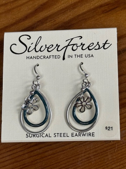 Silver Forest Earring Teal Silver Teardrop Flower