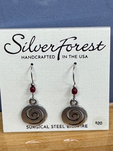 Silver Forest Earring Silver Swirl Red Stone