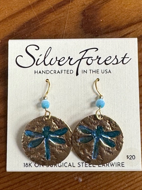 Silver Forest Earring Gold Blue Dragonfly