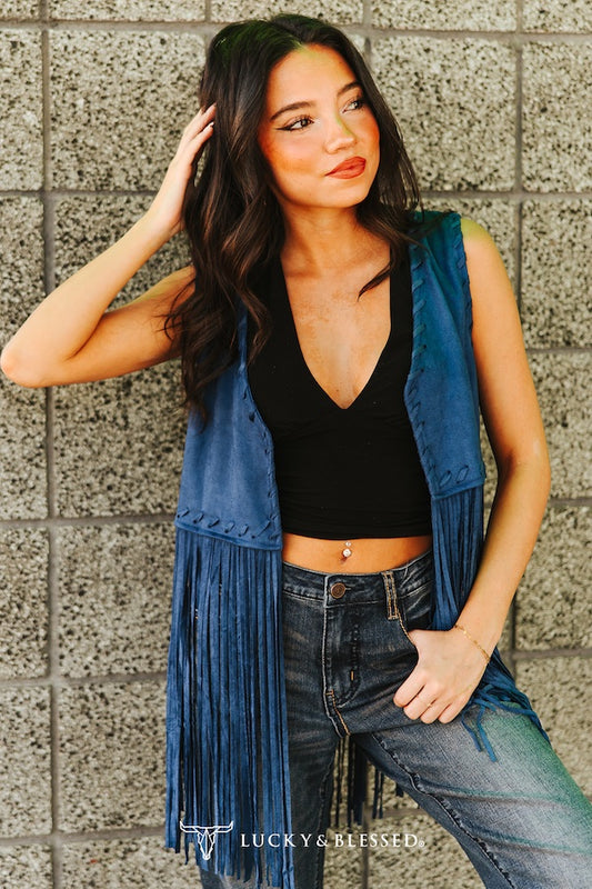 Lucky & Blessed Suede Fringe Handmade Stitched Studded Vest Teal