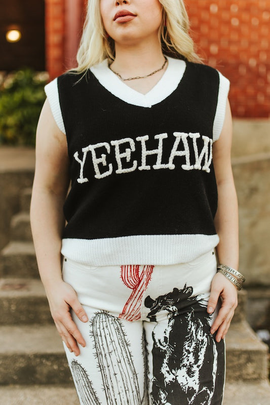 Lucky & Blessed Yeehaw Knit Sleeveless Sweater Black Ivory