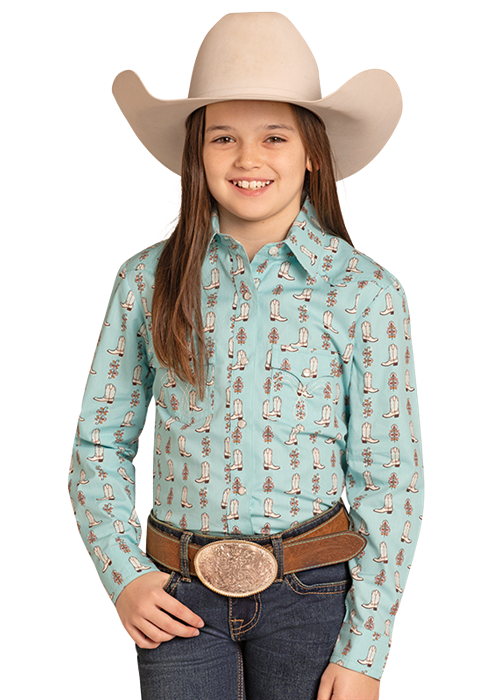 Rock & Roll Long Sleeve Girls Boot Print Snap Light Turquoise