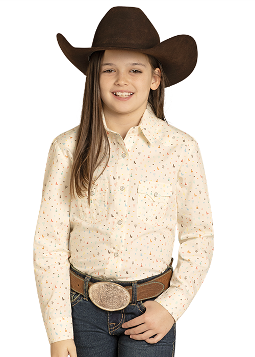 Rock & Roll Long Sleeve Girls Cactus Print Snap Ecru