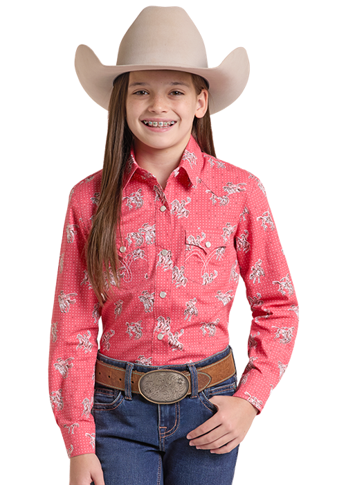 Panhandle Slim Girls Long Sleeve Print Snap Shirt Red