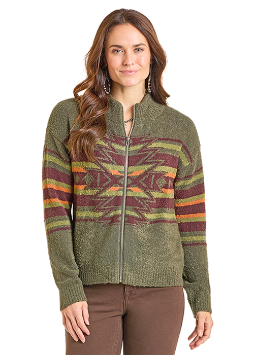 Rock & Roll Boucle Southwest Full Zip Sweater Olive