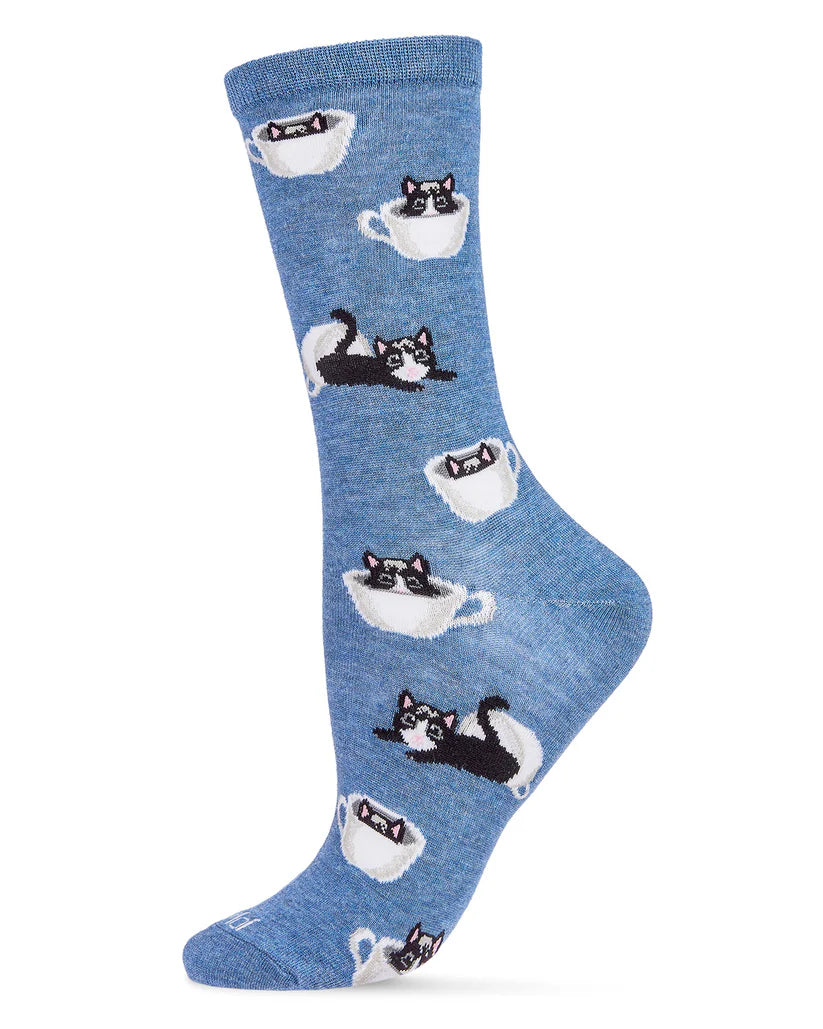 MeMoi Cup o' Cats Bamboo Crew Denim Heather