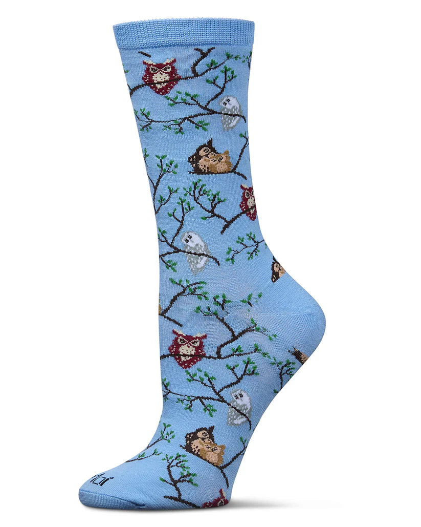 MeMoi Owls Bamboo Crew Light Blue