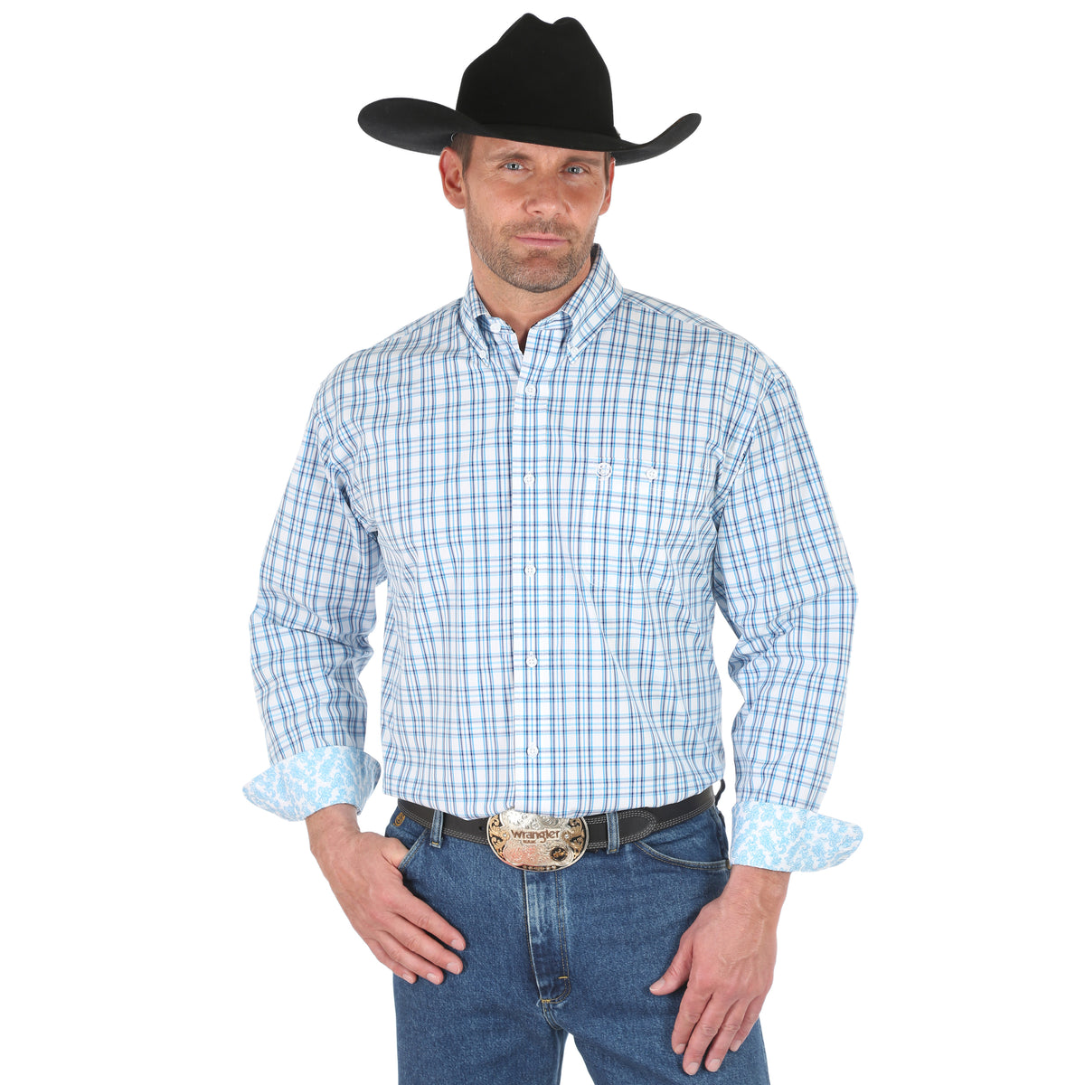 Wrangler George Strait Long Sleeve Blue Plaid Shirt