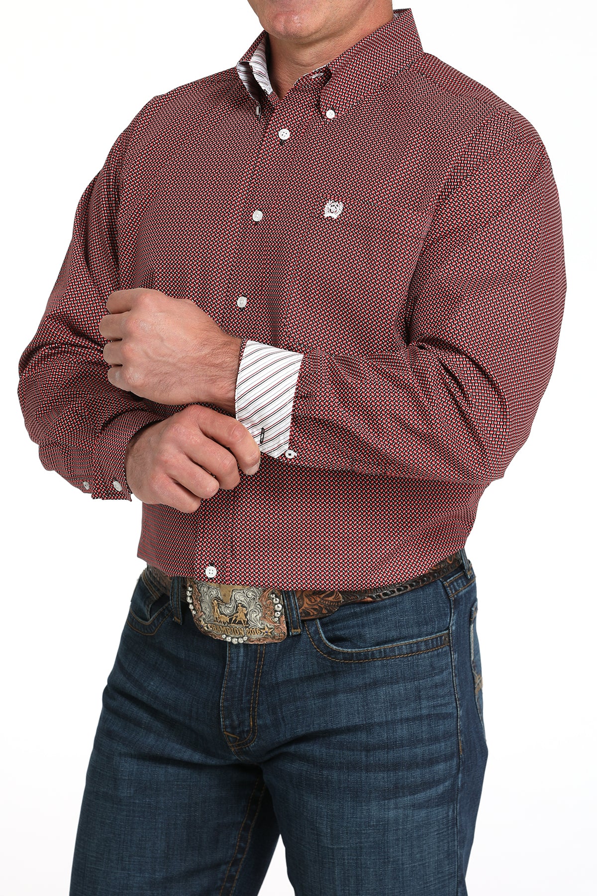 Cinch Geo Print Long Sleeve Button Down Red