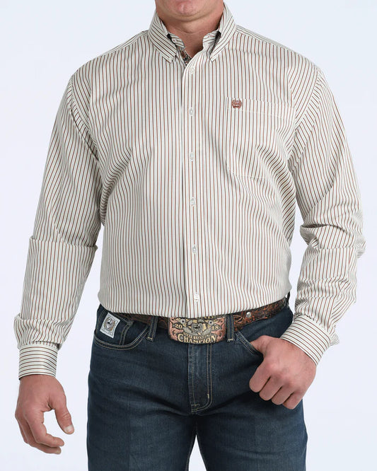 Cinch Men's Tencel Classic Fit Stripe Button Down Shirt Cream