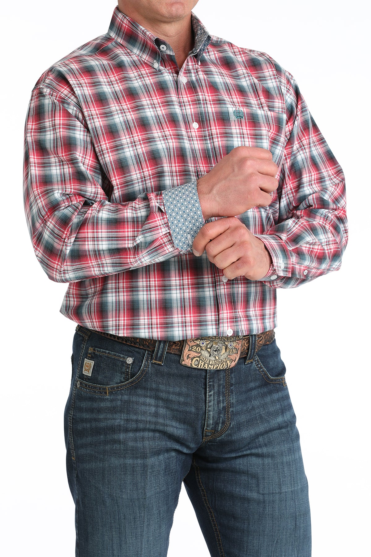 Cinch Mens Long Sleeve Red Plaid Shirt