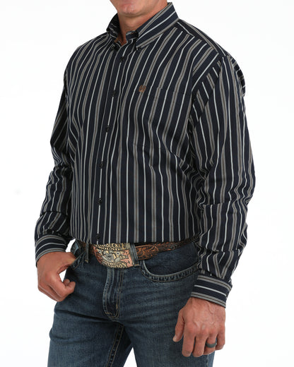 Cinch Long Sleeve Striped Button Down Shirt Black