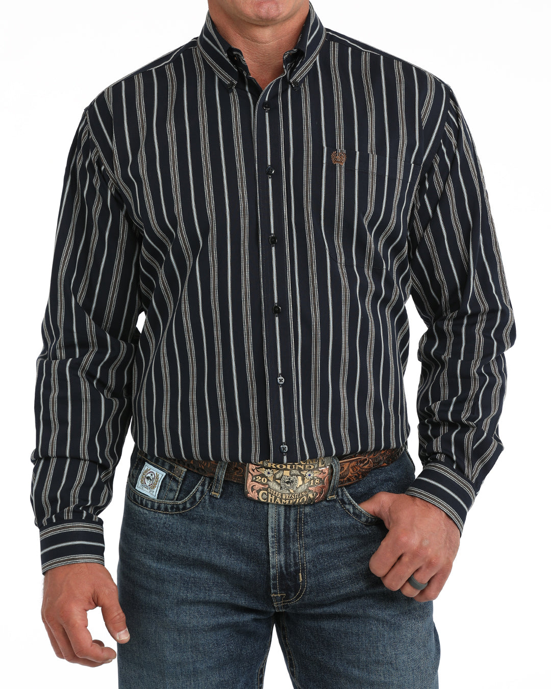 Cinch Long Sleeve Striped Button Down Shirt Black