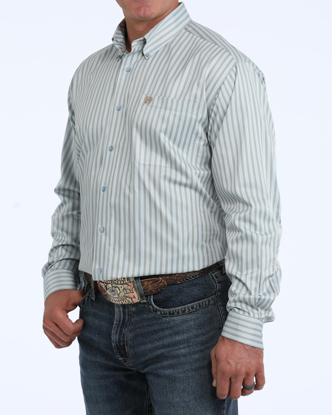 Cinch Long Sleeve Striped Button Down Shirt Light Blue
