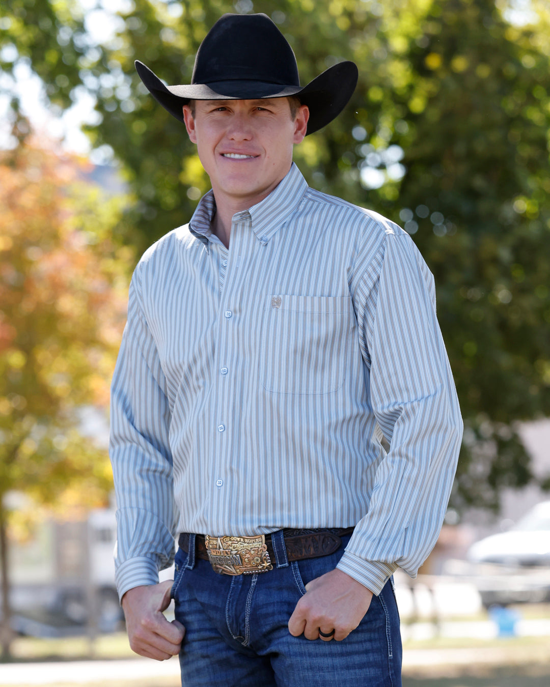 Cinch Long Sleeve Striped Button Down Shirt Light Blue
