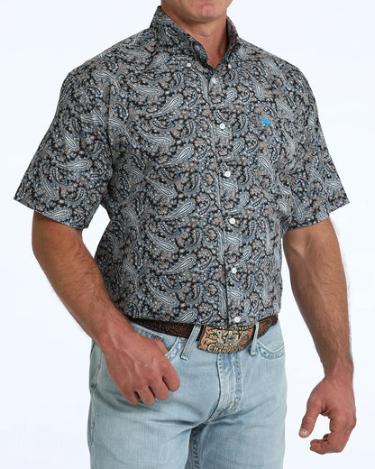 Cinch Short Sleeve Shirt Paisley Print Navy