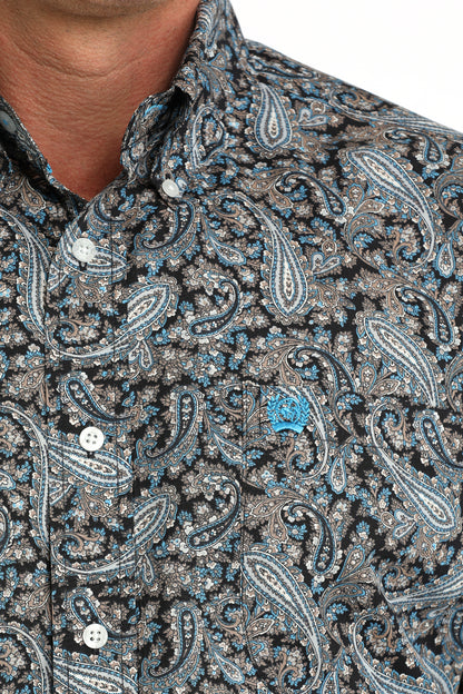 Cinch Short Sleeve Shirt Paisley Print Navy