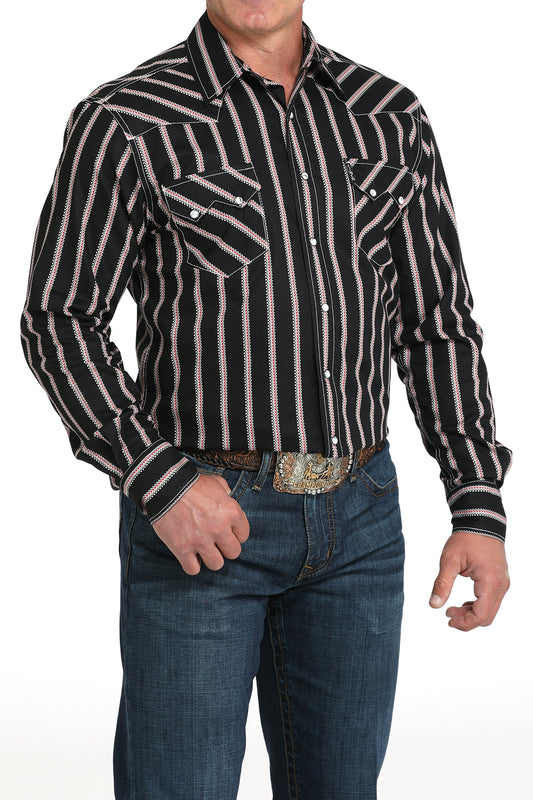 Cinch Vertical Stripe Long Sleeve Snap Shirt Black