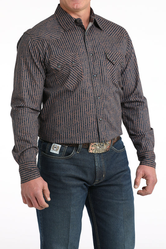 Cinch Paisley Striped Long Sleeve Snap Shirt