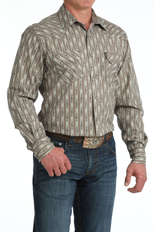 Cinch Mens Modern Fit Striped Print Snap Shirt Stone