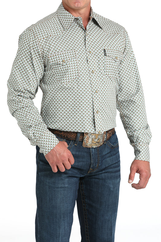 Cinch Geo Print Long Sleeve Button Down Shirt White