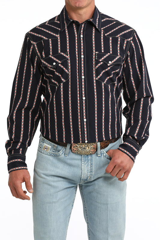 Cinch Modern Fit Long Sleeve Snap Shirt Vertical Print Navy