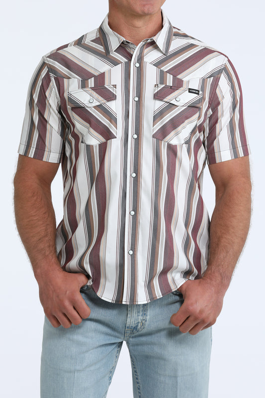 Cinch Striped Short Sleeve Snap Camp Shirt White