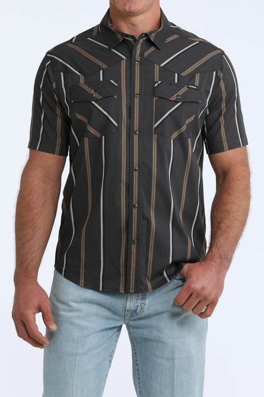 Cinch Striped Short Sleeve Snap Camp Shirt Black
