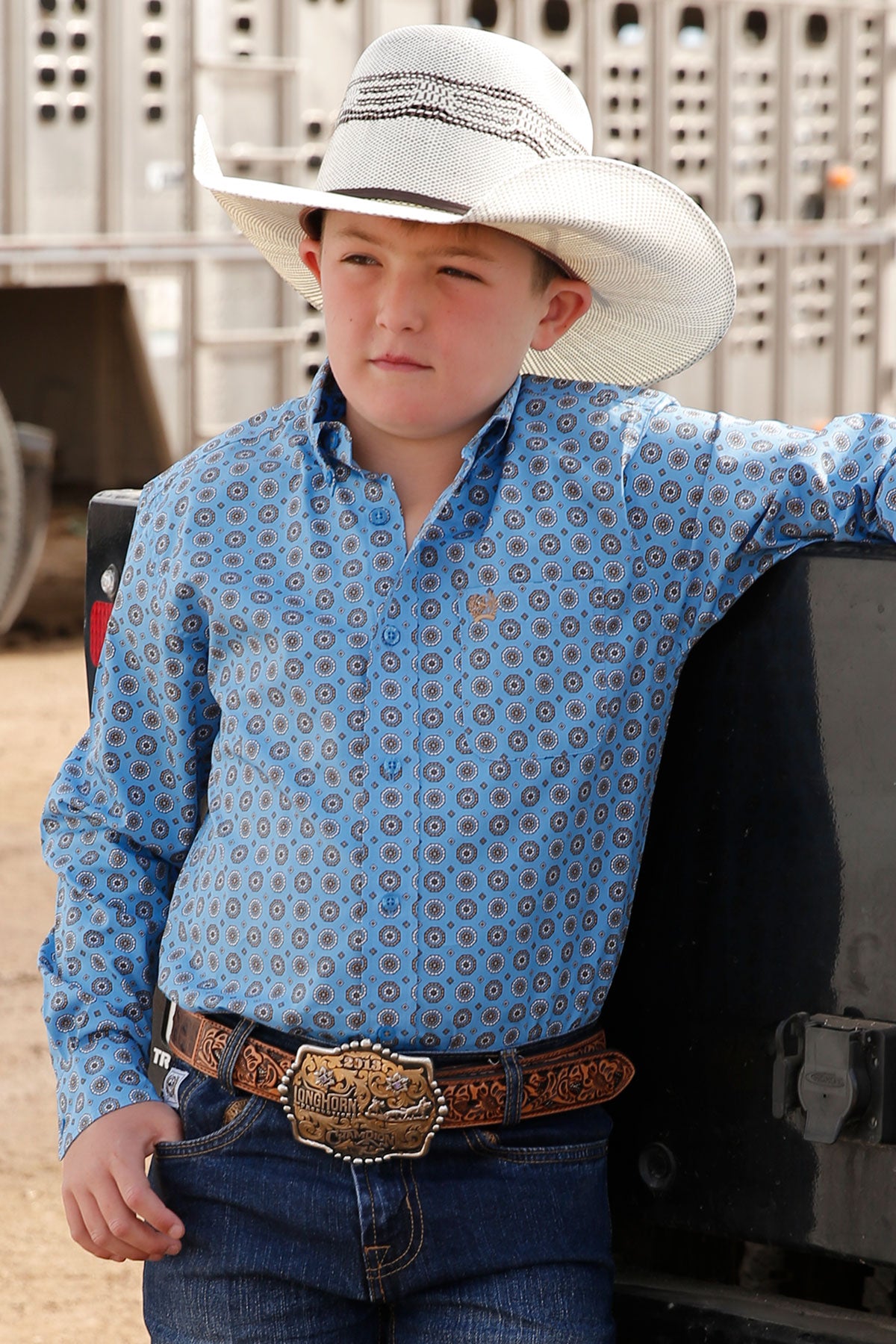 Cinch Blue Circle Print Button Long Sleeve Shirt