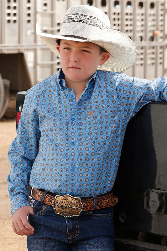 Cinch Blue Circle Print Button Long Sleeve Shirt