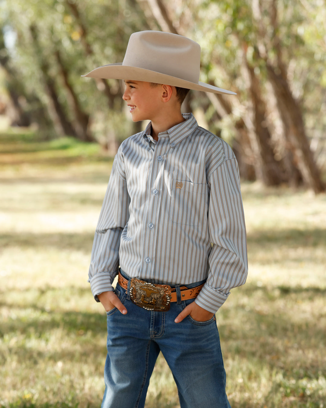 Cinch Long Sleeve Stripe Shirt Tan/White