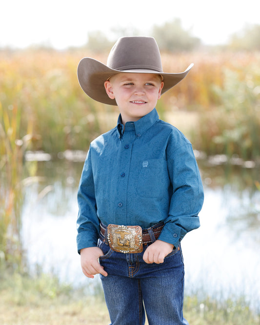 Cinch Kids Blue Tonal Paisley Long Sleeve Button Shirt