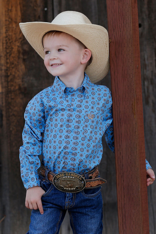 Cinch Blue Circle Print Button Long Sleeve Shirt