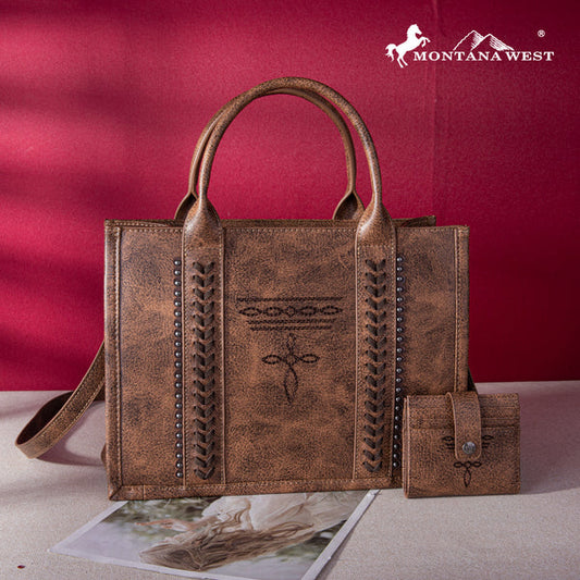Montana West Whipstitch Conceal Carry Tote with Matching BiFold Wallet