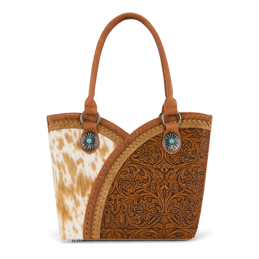 Montana West Tooled and Cowhide Whipstitch Tote Bag