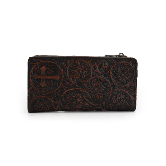 Montana West Tooled Bi-Fold Wallet with Detachable Zippered Pocket