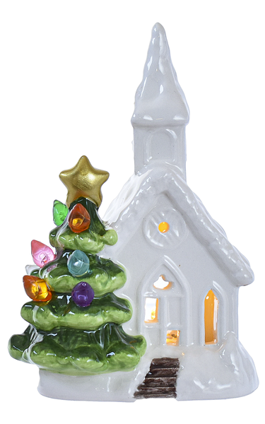 LED Light Up Church with Tree Mini Shimmer Ceramic Decor