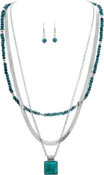Rain Silver Blue Square Turq Bead Chain Layered Necklace Set