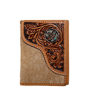 Nocona Mens Trifold Wallet Tooled Overlay Feather Concho Tan