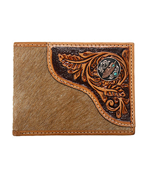 Nocona Mens Bifold Wallet Tooled Overlay Feather Concho Tan