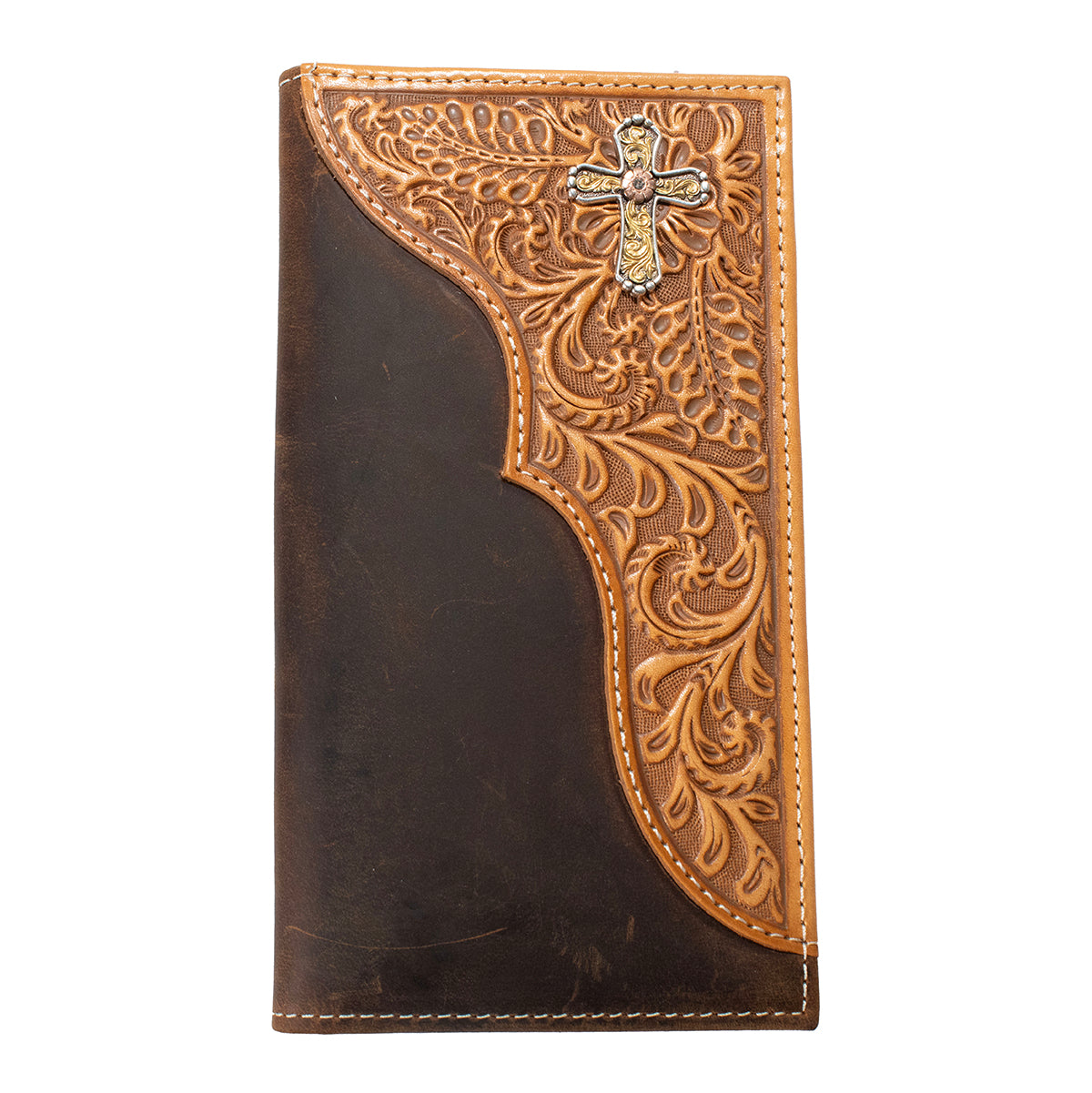 Nocona 2 Tone Tooled Leather and Cross Rodeo Wallet