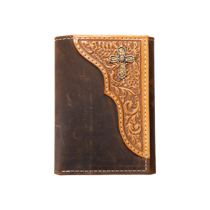 Nocona 2 Tone Tooled Leather and Cross Tri-Fold Wallet