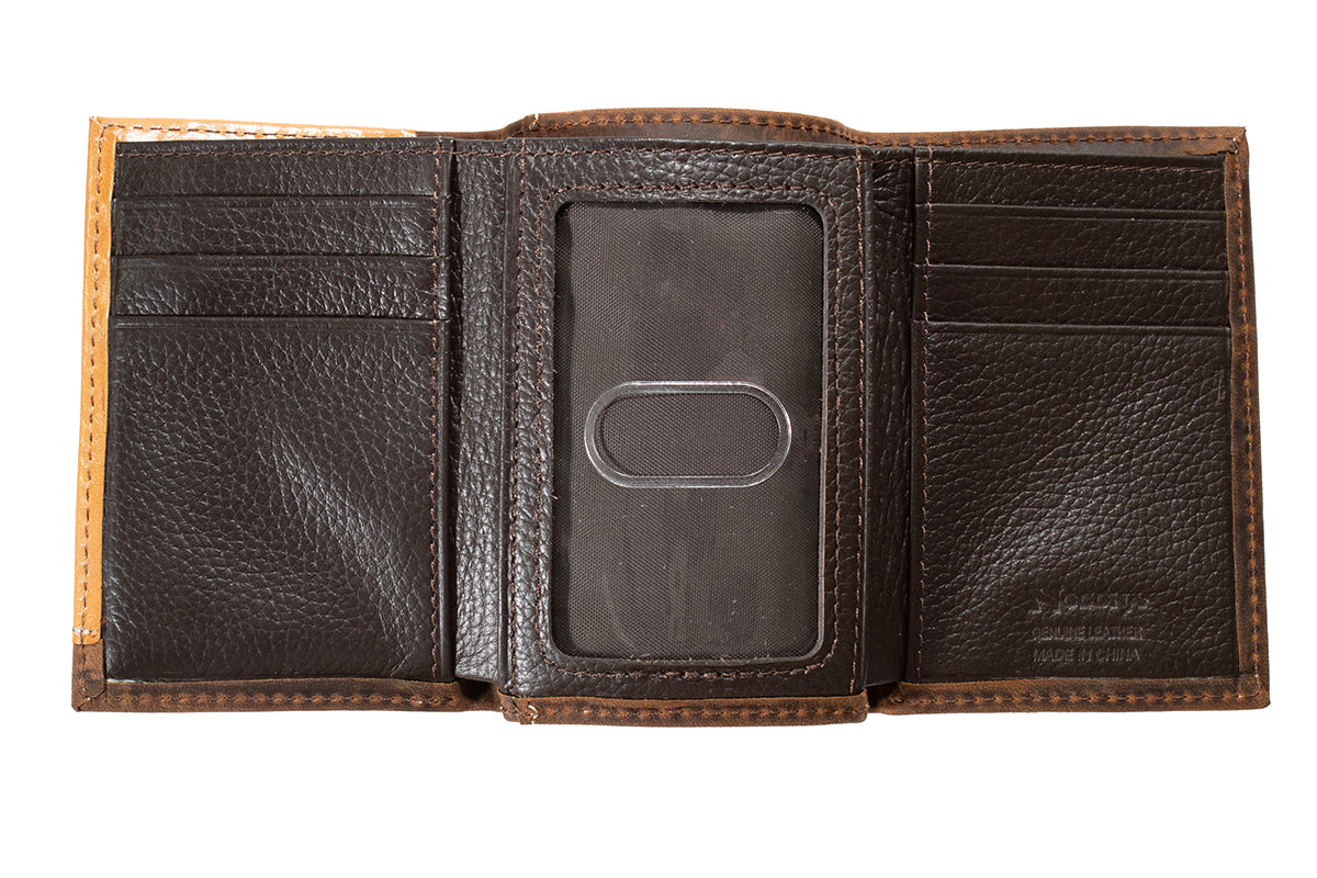 Nocona 2 Tone Tooled Leather and Cross Tri-Fold Wallet